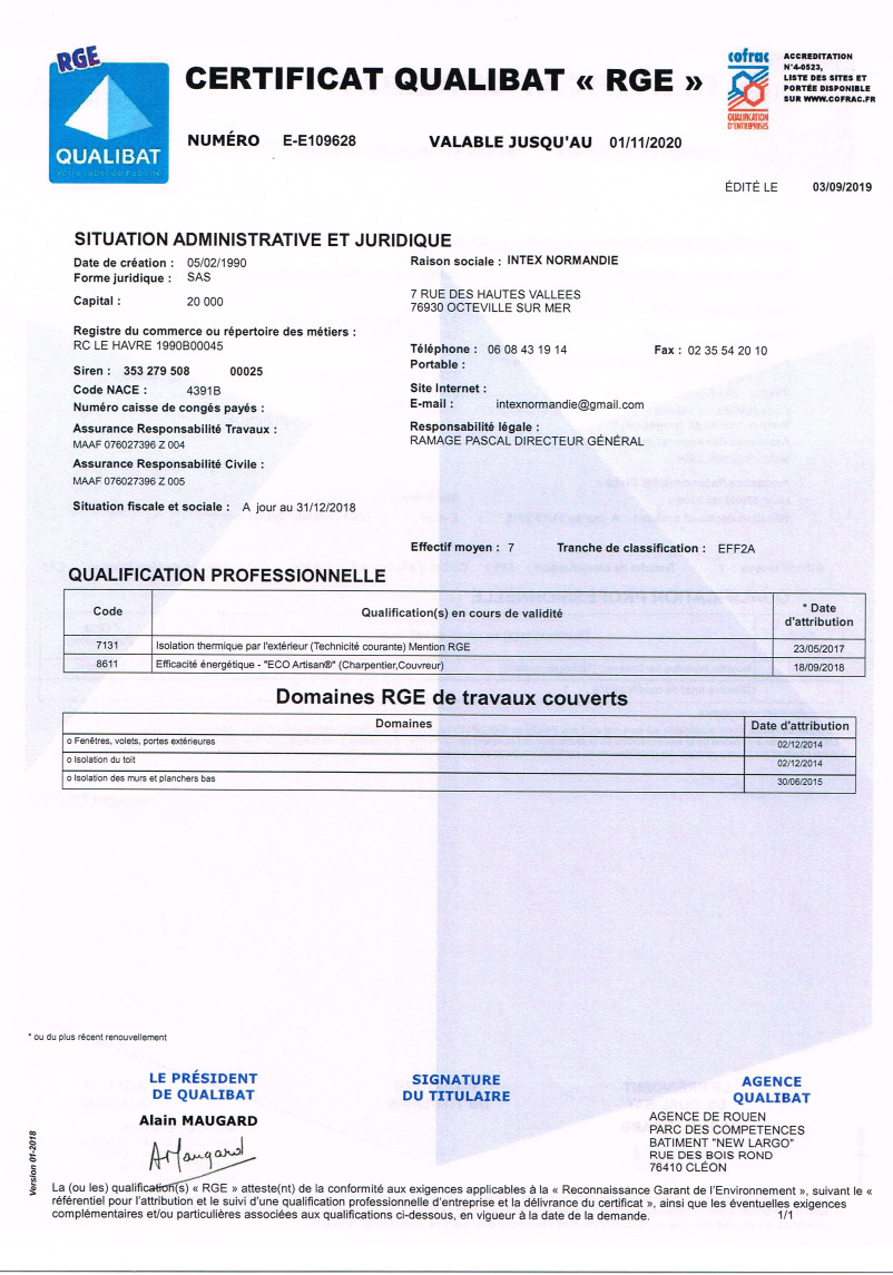 certificat qualibat RGE 2019 - 2020 intex normandie le havre octeville